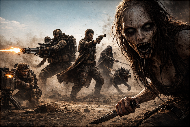 Operators fighting their way through a shattered battlefield against monstrous odds.