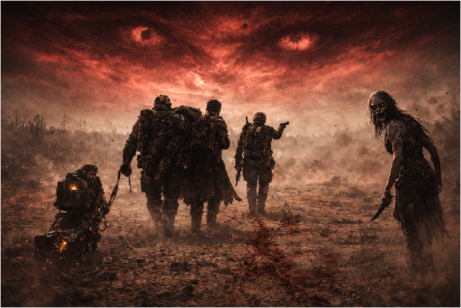 Operators crossing a dead wasteland under a red sky while something waits at the edge of the field.