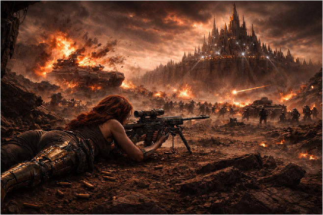 A sniper watching a burning siege unfold beneath a fortress on the horizon.